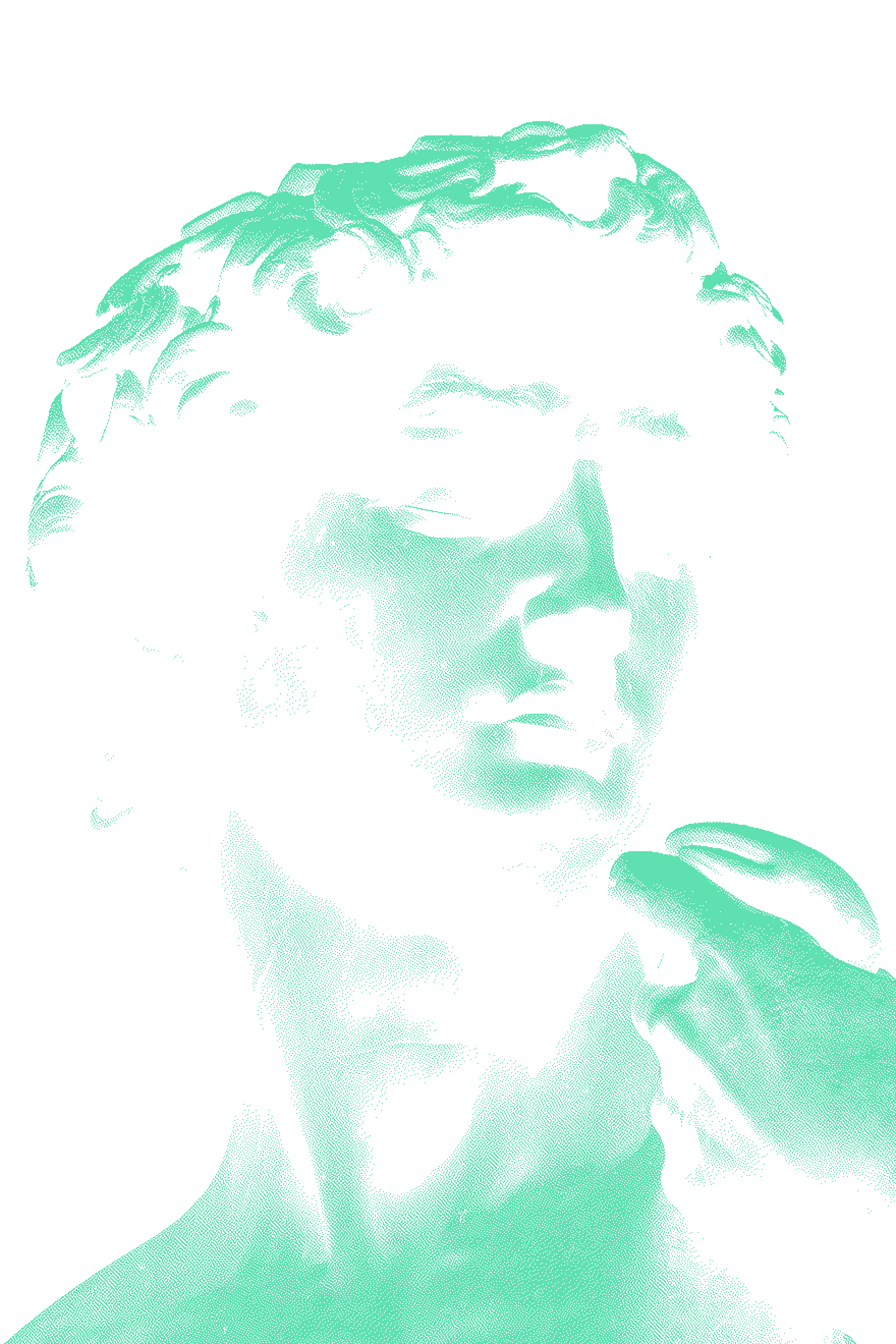 A classical marble head · Michelangelo's David · rendered as verdigris dither on darkness
