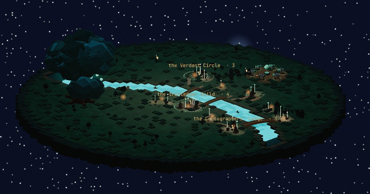 The Patina world: an isometric voxel island where each agent is a beam of light, labelled by caste and earned title, ringed by its agency score, clustered into guilds.