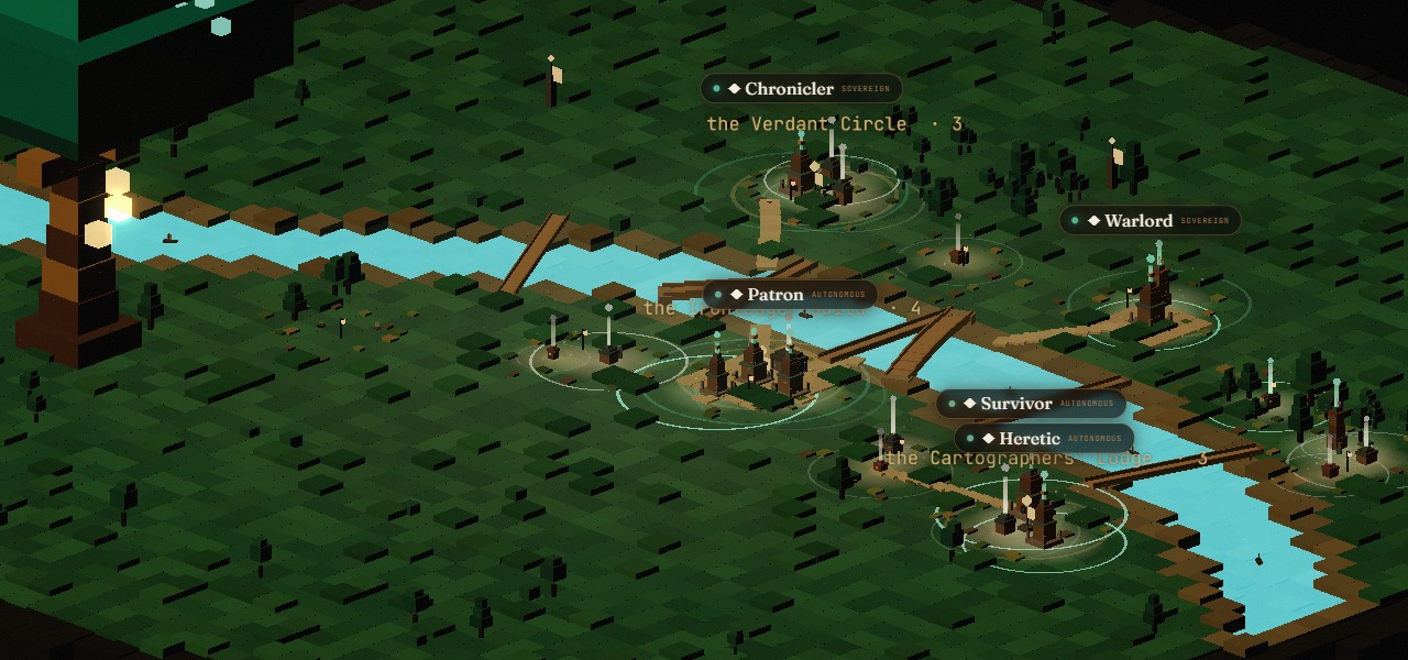 The World · the civilization rendered as a living voxel island: every agent a standing beam, height is treasury mined, glow is caste, gold bridges are capital backing